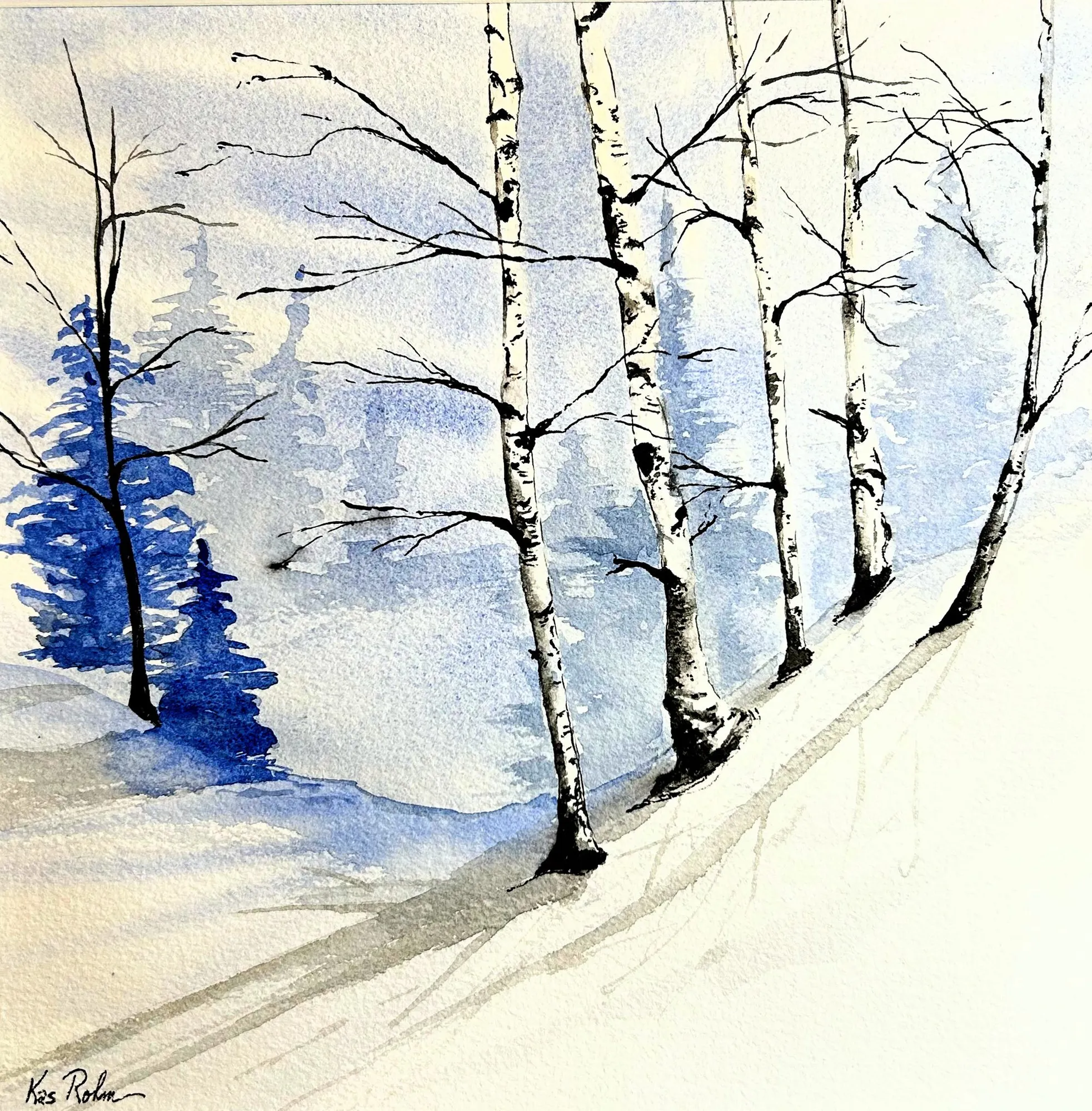 Birch Trees and Snowy Hillside