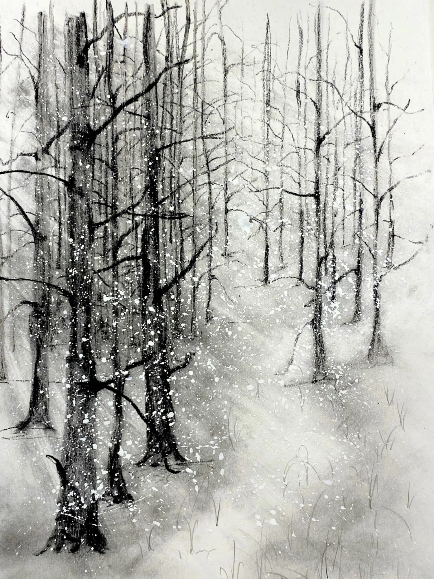 Watercolor: Snowfall in the Pine Forest