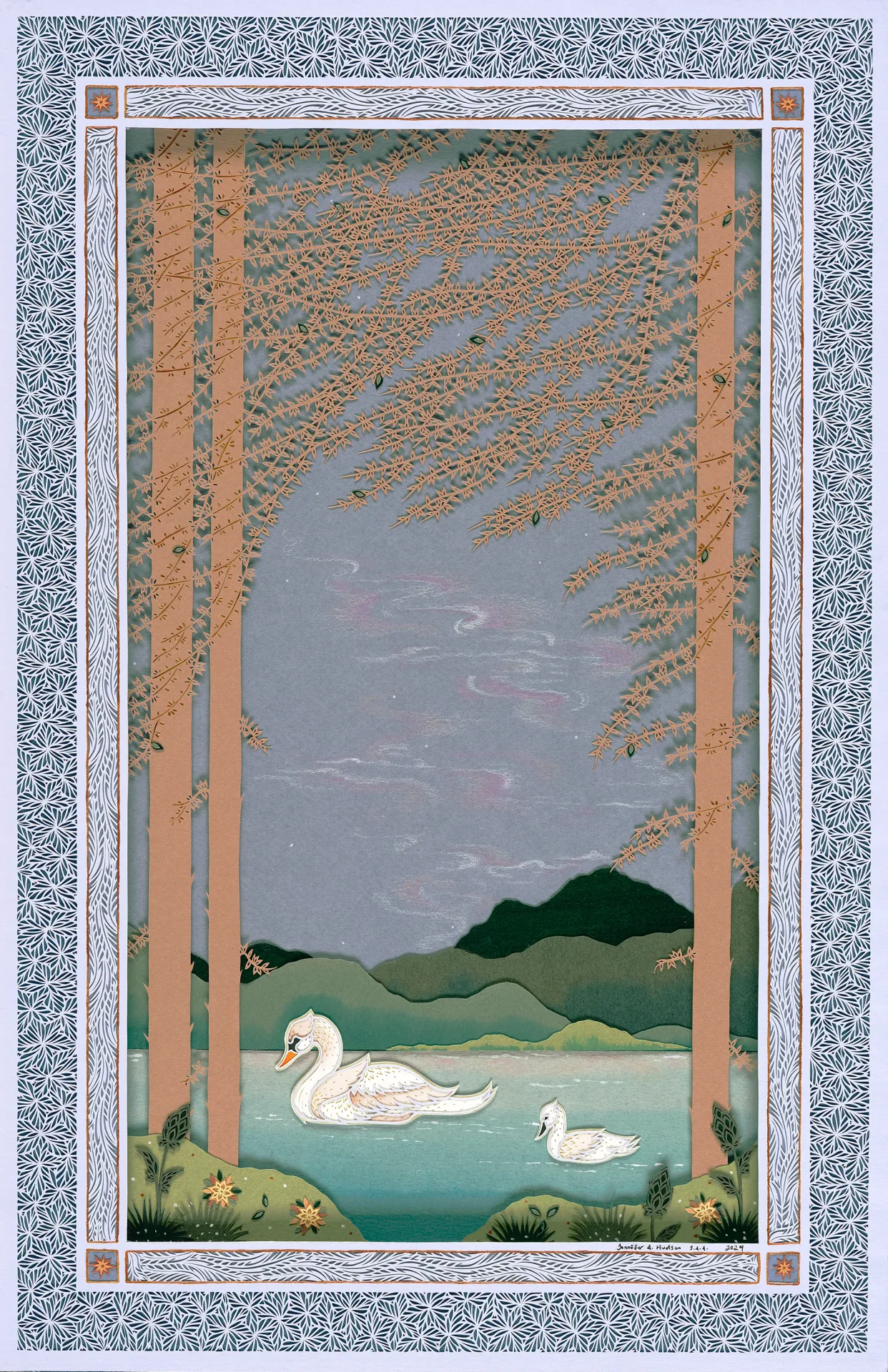 Lakefront With Swans by Jen Hudson